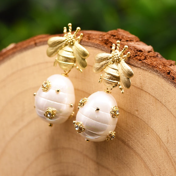 pearly golden bee earrings